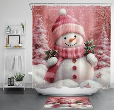 Winter Theme Funny Pink Christmas Snowman Shower Curtain Set for Bathroom Decor