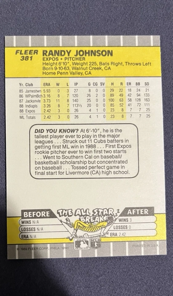 Fleer 1989 - Marlboro Billboard visible #381 Randy Johnson (RC) Foto 3 de 4