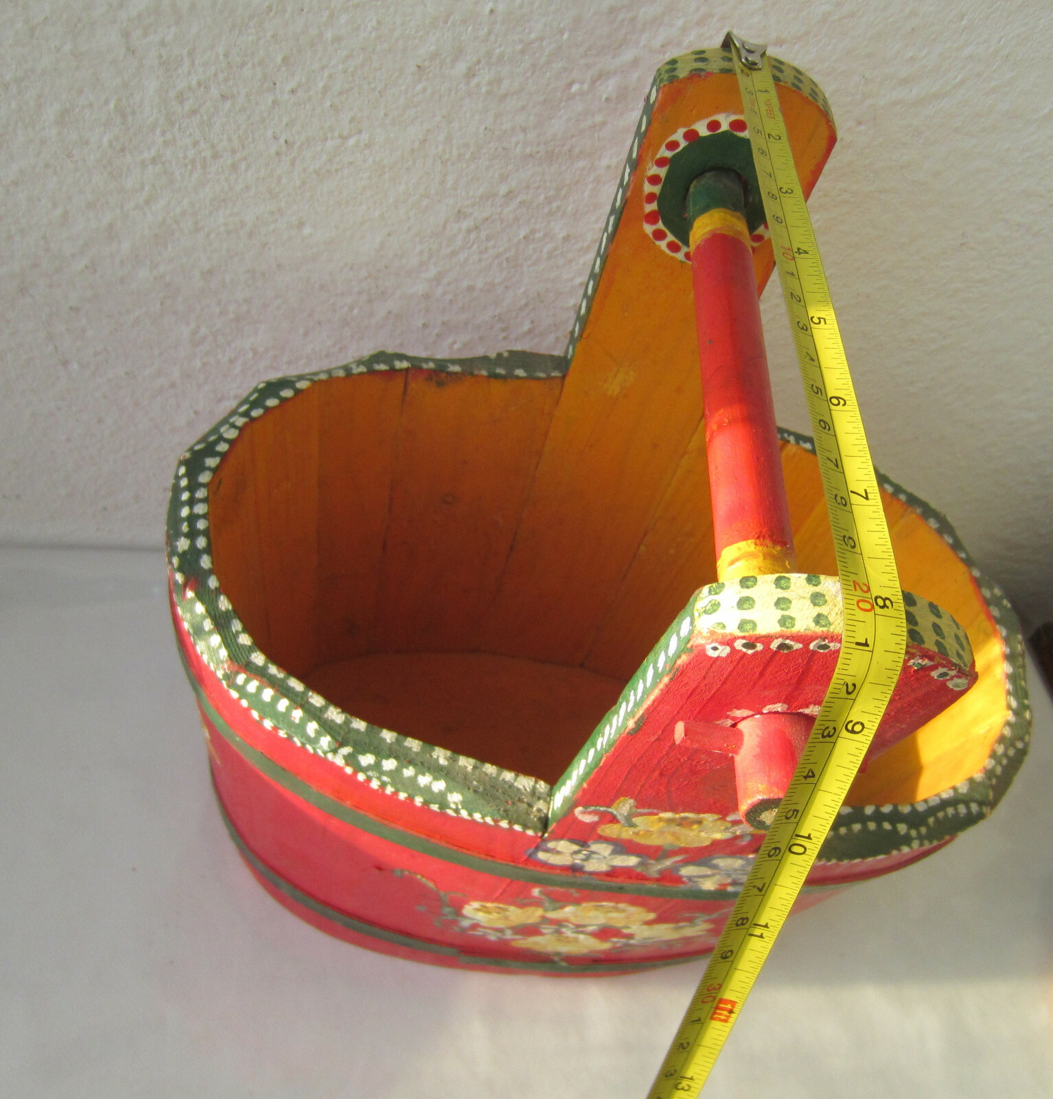 2 x Beautiful vintage red hand painted wooden Bucket, handle flowers