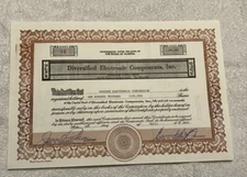 Diversified Electronics Components Inc Stock Certificate 100,000 Shares Florida