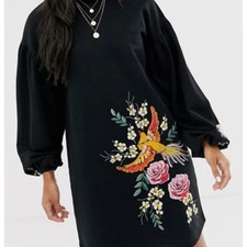ASOS Embroidered Bird Floral Balloon Sleeve Sweatshirt Dress Sz 8 Black Cotton