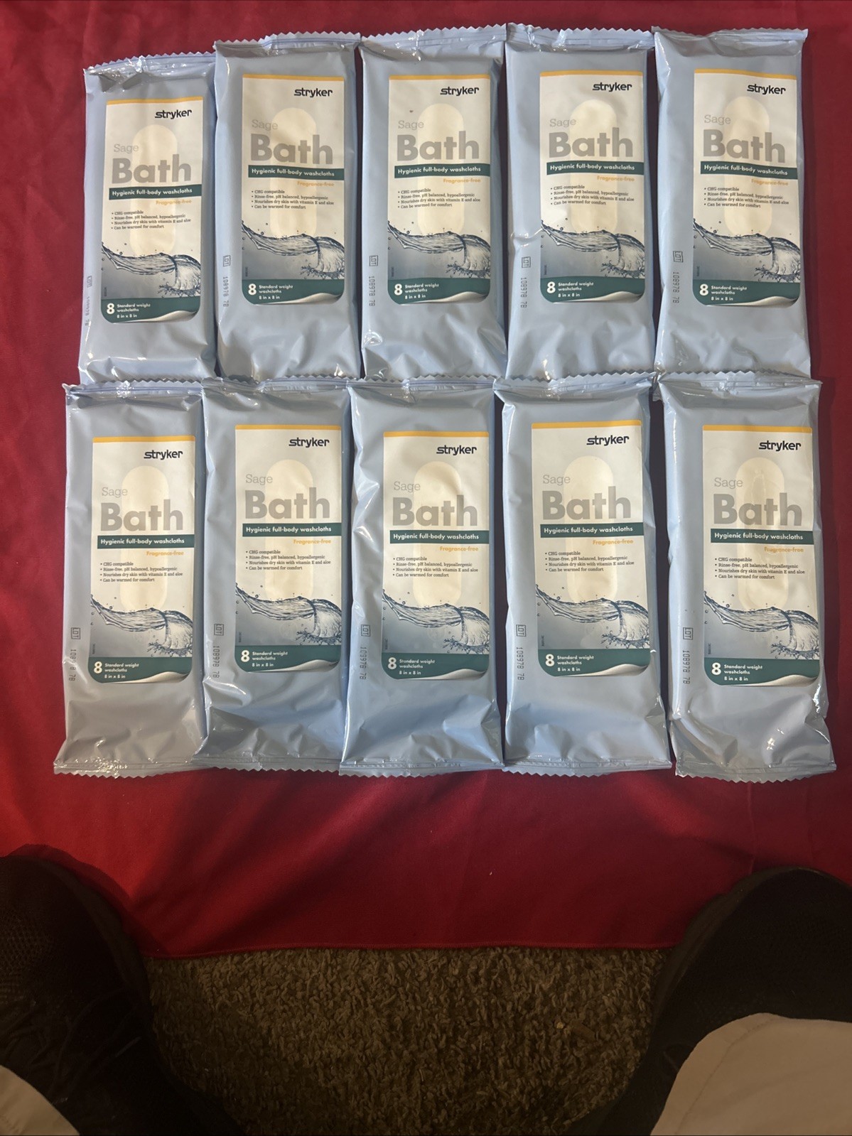 Stryker  #7991 Sage Bath Hygienic Full Body Washcloths 10 packs X 8 = 80 Cloths