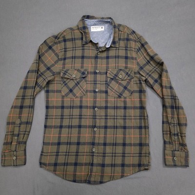 Retrofit Men's Button Up Long Sleeve Small Shirt Collared Two Pocket Green Plaid