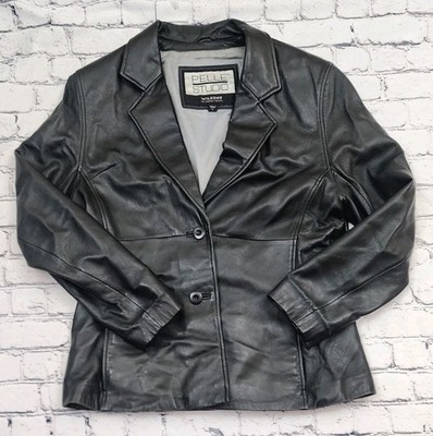 Y2K Pelle Studio By Wilsons Women's Large Black Leather Jacket Blazer 