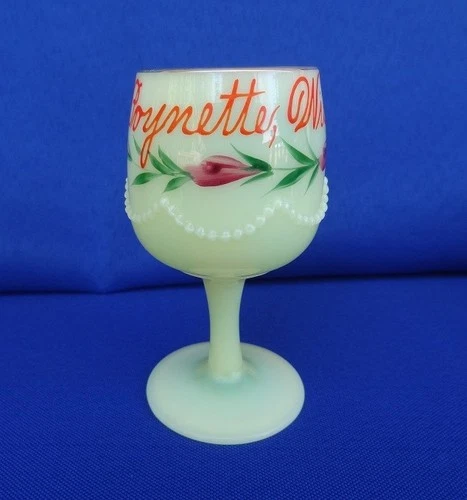 HEISEY UG Uranium Custard Glass Souvenir Cordial or Wine - POYNETTE Wisconsin