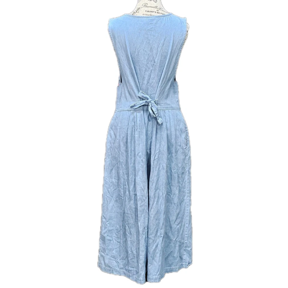 Vtg Denim Midi Dress Sz M Blue jean Floral Modest Button Up 90s Cottagecore Y2K - Image 2 of 4