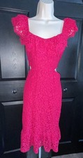 Express Hot Pink Lace Midi Dress M Cutout Sides Flutter Sleeve Wedding Guest 
