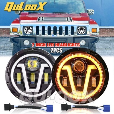 For 2003-2009 Hummer H2 Pair 7'' inch Round LED Headlights High Low Beam DRL Lamp