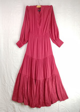 Banana Republic Red Frilly Tiered Maxi Dress Women Size XS Bell Sleeve Belted