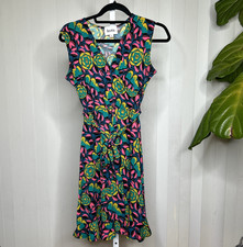 Leota Dress Women Size S Petite Floral Ruffle Hem Blue Mustard Pink V Neckline