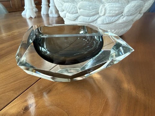 Vintage Italian Murano Sommerso Glass Bowl Ashtray Smoke Grey Faceted Italy MCM