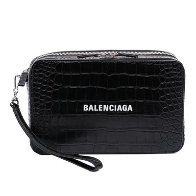 Balenciaga Croc Embossed Leather Wristlet Clutch Pre-Loved Black