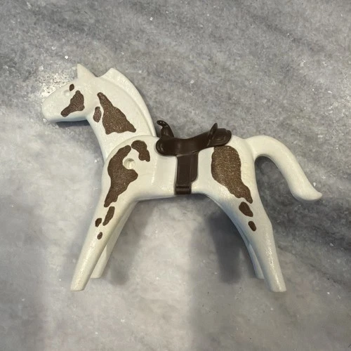 Vintage Playmobil Horse Classic-Style, White With Brown Spots Moveable Head 1974