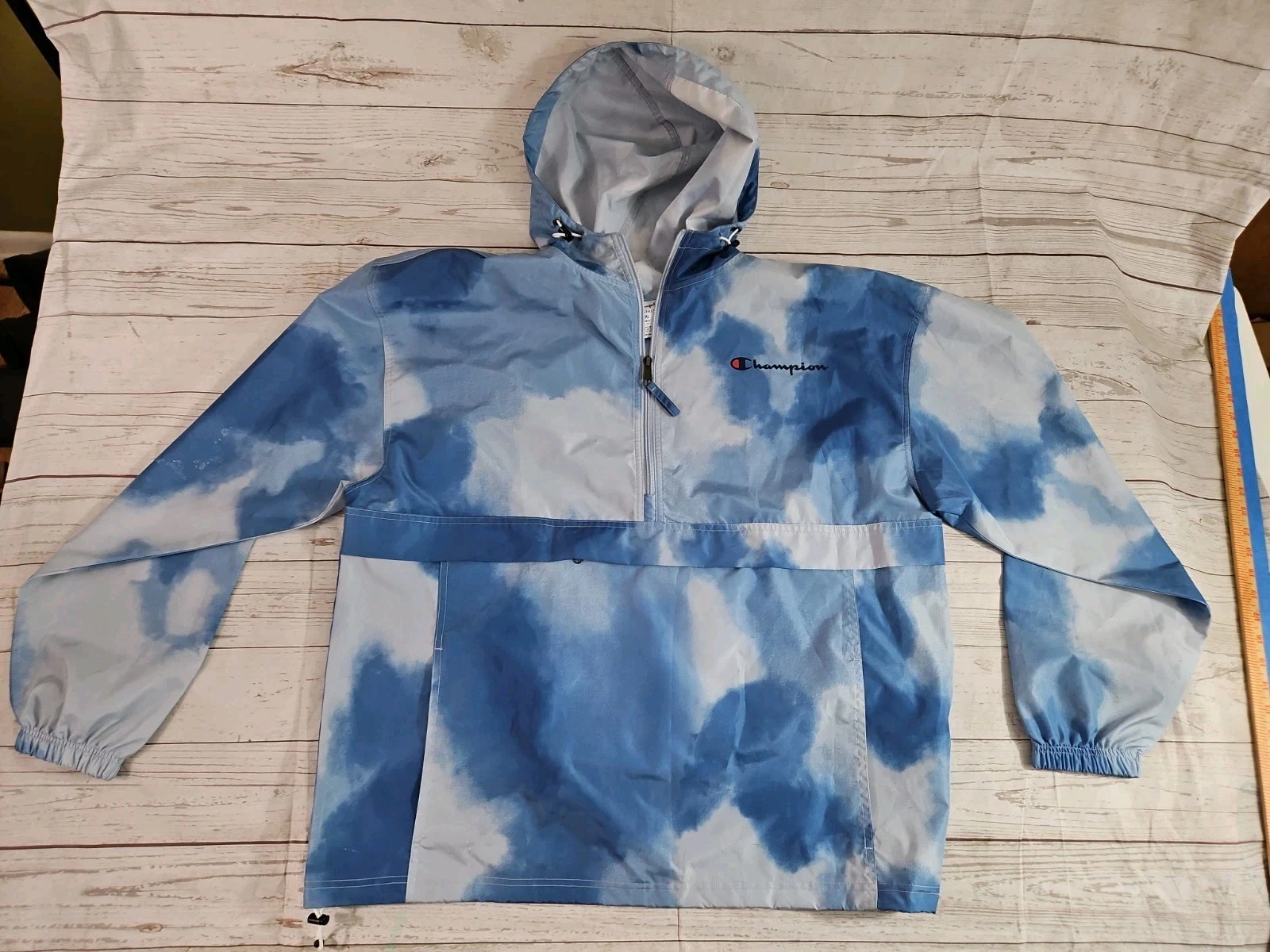 Champion SZ XL Rain Jacket All Over Print Jacket Shield Blue Tonal Wash Cloud