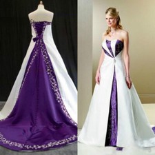 Gothic White And Purple Wedding Dresses Embroidery Medieval Satin Strapless Gown