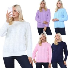 Ladies Round Neck Cable Knitted Jumper Womens Winter Long Sleeves Sweater Top