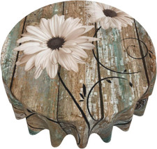 Rustic Daisy Tablecloth round 60 Inch Vintage Sunflowers on Wooden Board Circula