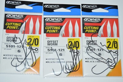 3 packs owner cutting point offset worm hook 2/0 5101-121 black chrome finish