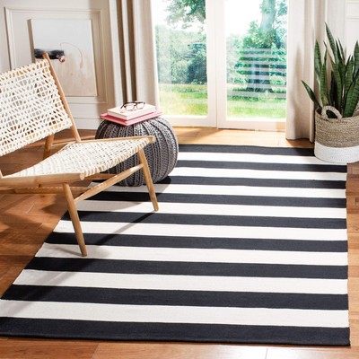 Montauk Collection Area Rug - 4' Square, Black & Ivory, Handmade Flat Weave B...