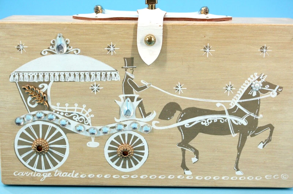 Bolsa de mão vintage anos 60 madeira Collins Of Texas caixa com cavalo 1962 Enid Collins assinada - Imagem 3 de 4