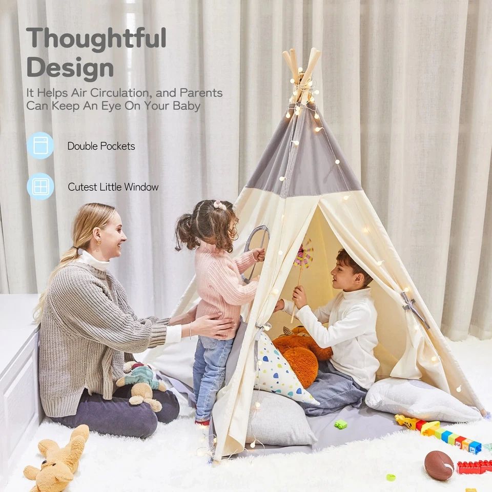Besrey Kids Teepee Tent,Toddle Playhouse Tent with Lights & Mat Indoor Play Tent - Image 3 of 4