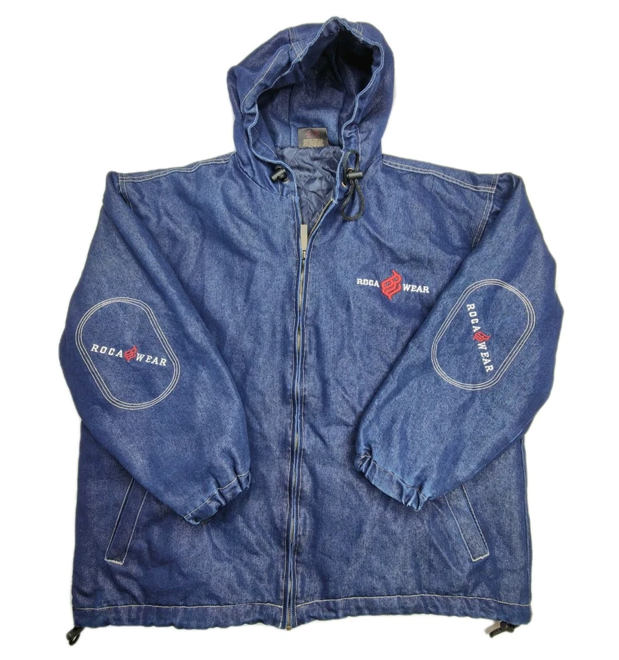 Rocawear Jacket Men's XL Blue Denim Sheen Look Vintage Y2K Streetwear Rapper  - image 2 of 4