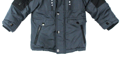 DKNY Cappotto Invernale Cappuccio Isolato Ecopelliccia Logo Doppia Chiusura Grigio Nero Taglia 2T - Foto 3 di 18