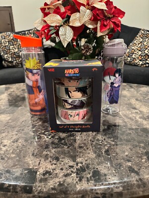 Two Naruto water bottles and Naruto set of four Stuckable Bowls