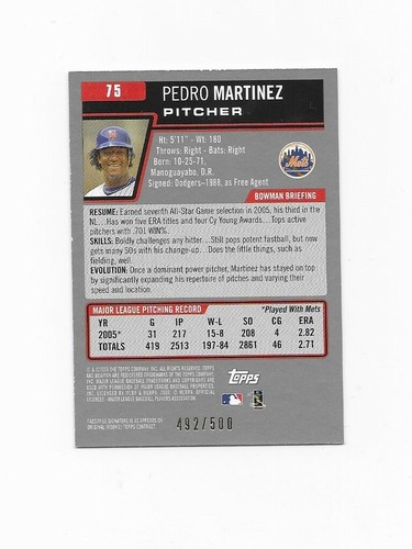 Bowman Blue #75 2006 Pedro Martínez/500 New York Mets - Imagen 2 de 2