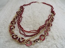 Goldtone Chain Red Glass Bead Multi Strand Necklace C38 