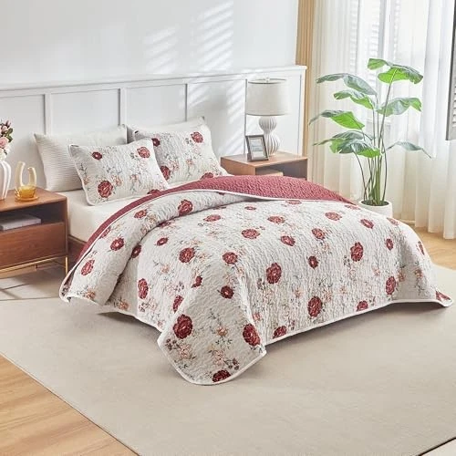 Floral Quilt Set 3 Pieces Queen (88"x88", 1 Quilt+2 Pillow Shams) Red Rose - Image 3 of 4