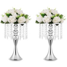 2 PCS Silver Vases Centerpieces Crystal Metal Flower Stand Wedding 13.8 Inch