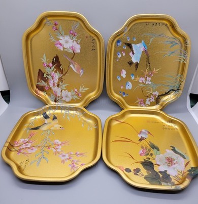 Gold Metal Trays Elite Birds Floral Asian 7.5'' x 6'' Lot Of 4 Made in England