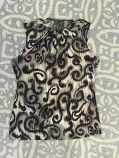 SereNade Womens Top Blouse High Neck Sleeveless Black Cream Animal Medium M