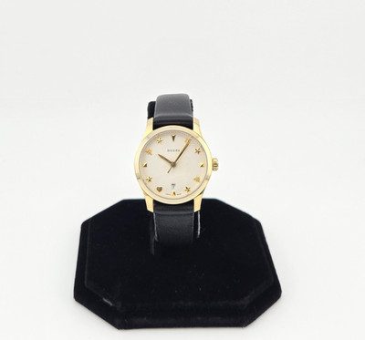 Gucci G-Timeless Silver Dial Gold Tone Black Band Women's Watch - YA126576A
