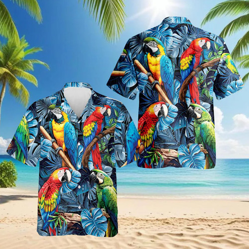 Parrot Hawaiian Shirt Men Tropical Macaw Bird Aloha Colorful Beach Vacation