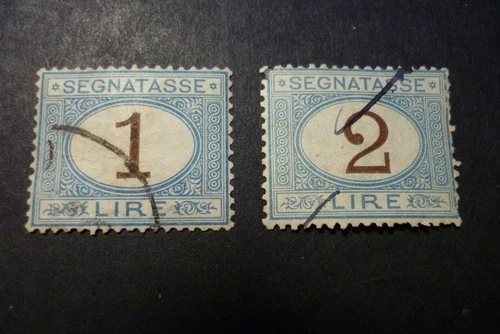 1870 Italy Stamps set of 2 Fine Used Postage Due ( 2 lira slight crease top rh )