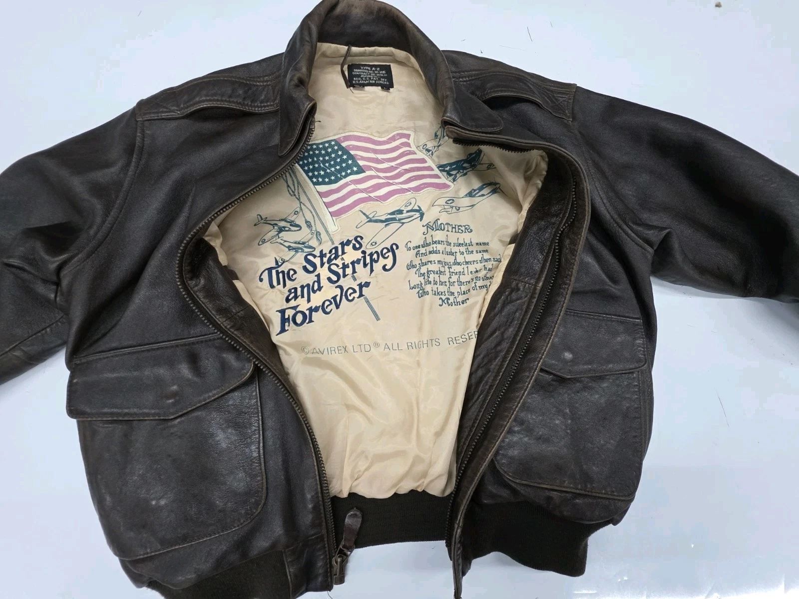 VTG Avirex Type A-2 Leather Bomber Jacket Mens Large Stars and Stripes Forever
