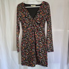 Love To Be Spoiled Womens M Black Floral Mesh Mini Dress Ruched V Neck 90s