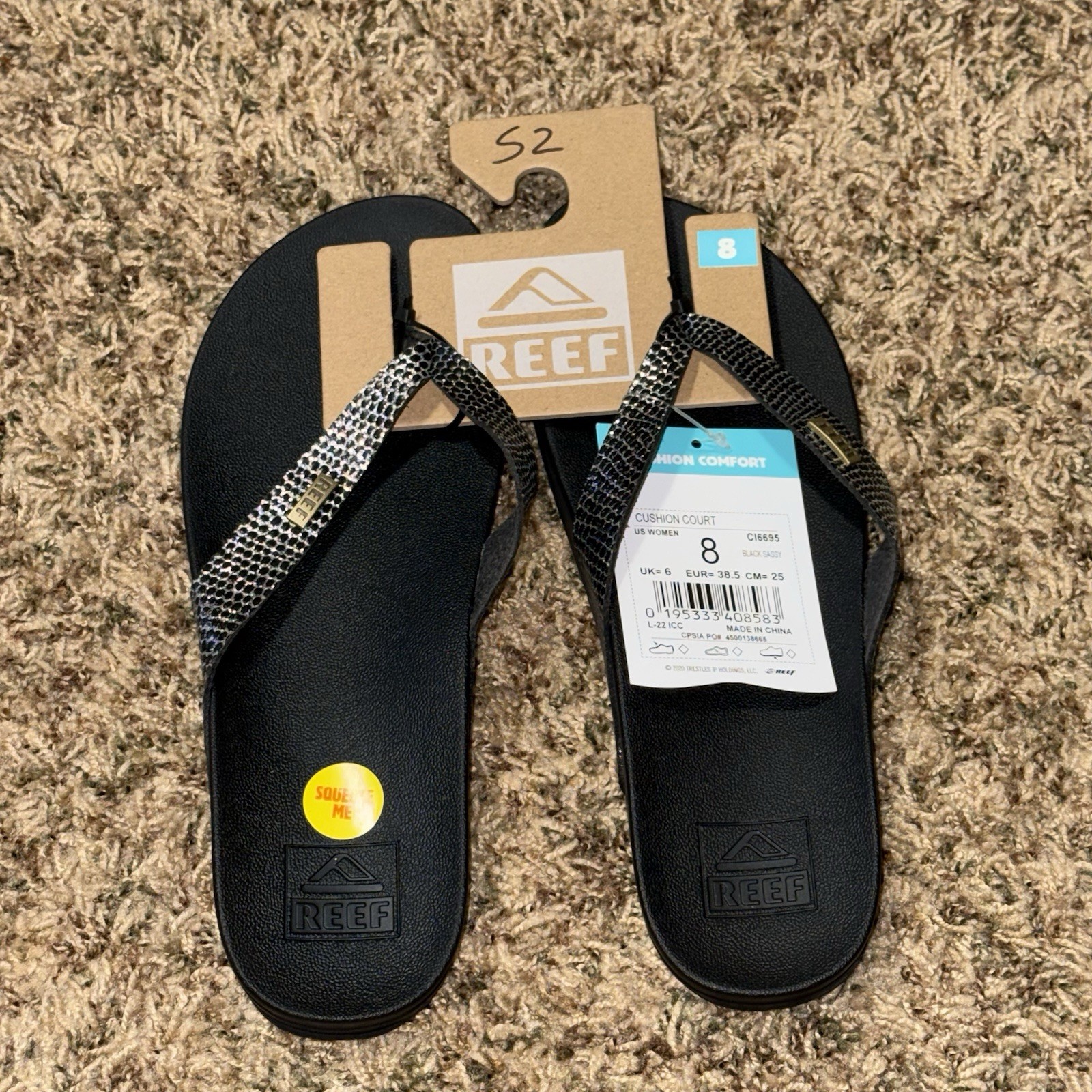 Reef Womens Cushion Court Sandal Thong Black Sassy Arch Support Size 8 New