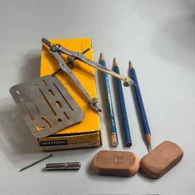Vintage Dietzgen Master Detailer Bow Pencil Set Erasers 702P Germany Antique Kit