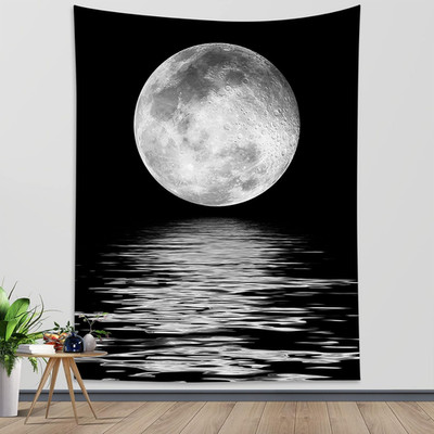 Small Full Moon over Ocean Tapestry Wall Hanging, Starry Night Sky Wall Tapestry