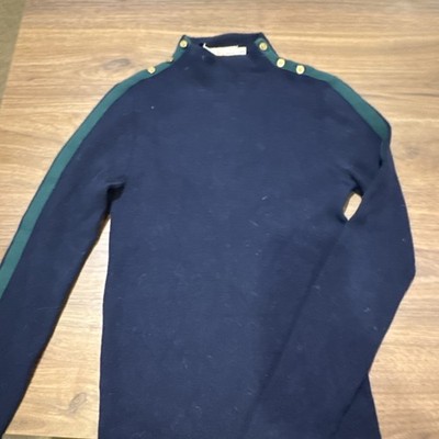 Tory Burch Cotton Knit Pullover Sweater Navy Green Logo Button High Neck XS