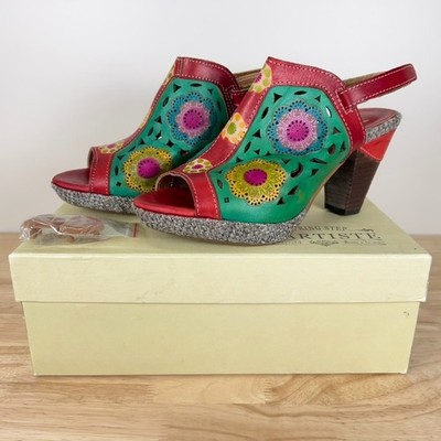 L'Artiste Spring Step Women 38 US 7.5-8 Red Belen Slingback Sandals Floral Boho