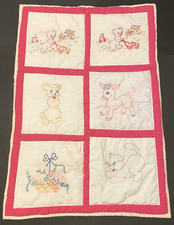 Hand-Embroidered Vintage Baby Quilt   Cute Animals on White with Pink Sashing