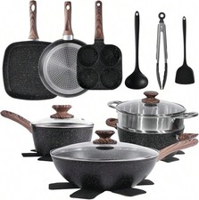 17 Pcs Black Nonstick Pots And Pans Set Aluminum Detachable Handle Induction