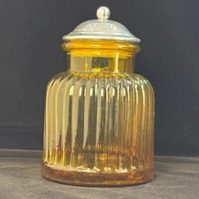 Mid Century Modern ribbed Amber Glass With Etched Aluminum Lid Apothecary Jar