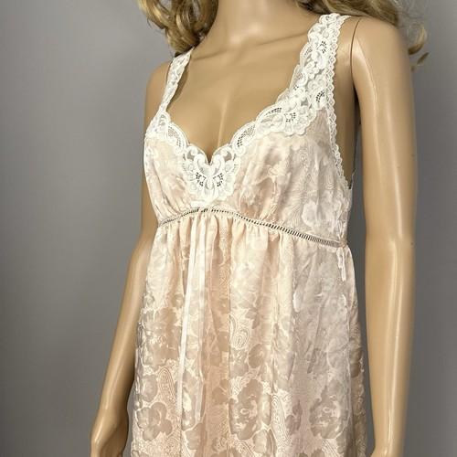 Vintage Barbizon Nachthemd Gr. Medium glänzend Satin Blumen Pfirsich Spitze Maxi lang - Bild 2 von 11