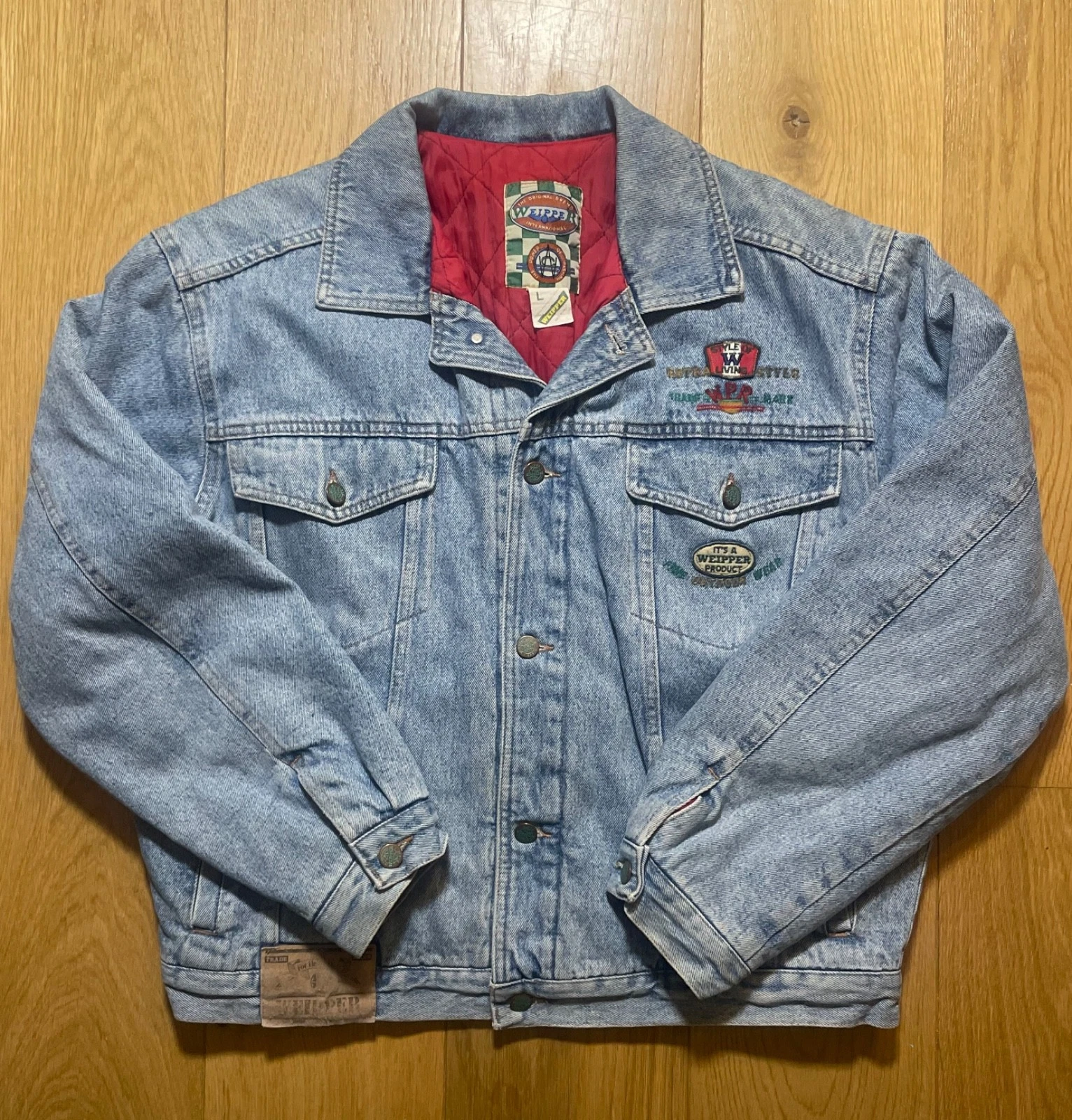 Vintage Embroidered Denim Jacket Quilted Lining Light Blue Oversized Large