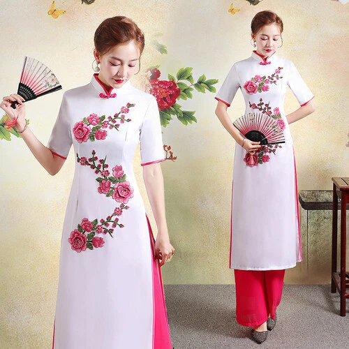 Women Vietnamese Ao Dai Dress 2PCS Cheongsam Dress Pant Embroidery Chinese Qipao - Picture 6 of 14